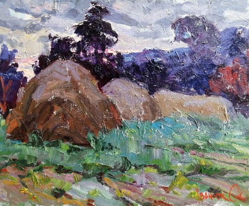 Original Oil Painting Countryside Field Haystacks It's Getting Dark