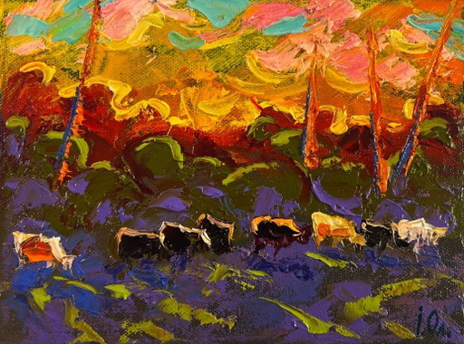 Pintura al óleo original: Paisaje natural al atardecer. El cielo vespertino baña la Tierra.