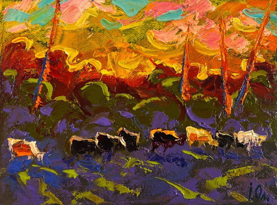 Image 1 of Original Oil Painting Sunset Nature Landscape Evening sky bathes the Earth