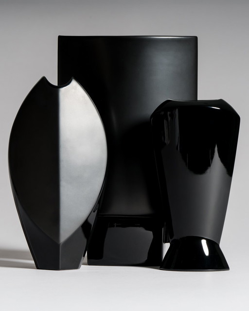 Porcelaine Noire Matte & Glossy Rosenthal Designer Vase Trio Minimalist Chic