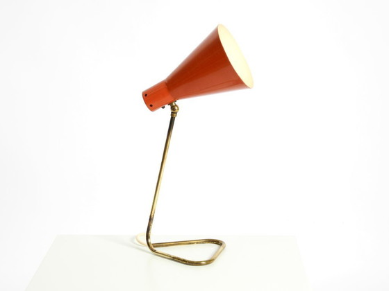 Image 1 of Beautiful, Large Mid-Century Modern Brass Table Lamp with a Brick-Red Shade
