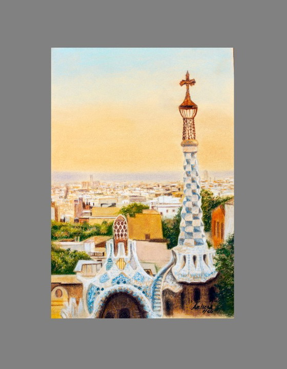Image 1 of Drawing of Barcelona as seen from Park Güell. Park Güell drawing. Pastel drawing of Barcelona. Painting of Barcelona.