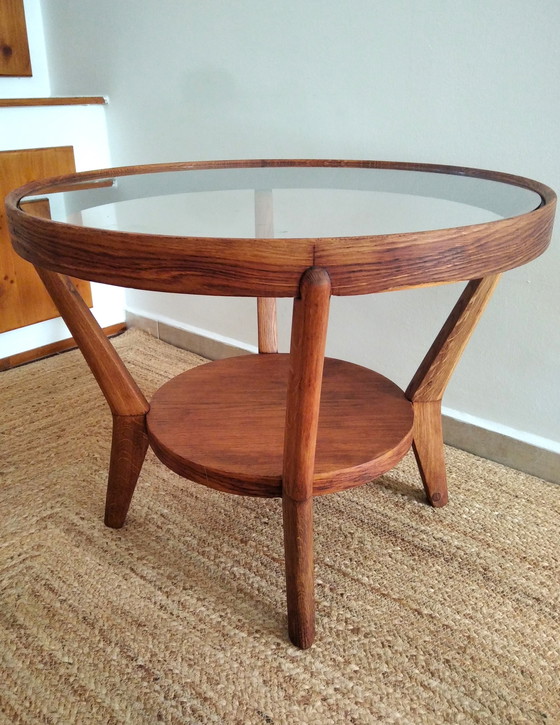 Image 1 of Table basse ronde vintage Mid Century par Kozelka | Table basse en bois Art Deco des années 50