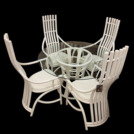 Complete Manou Eethoek Eetkamerstoelen en Eetkamertafel 120 cm – eetkamerset, Glass, Rattan