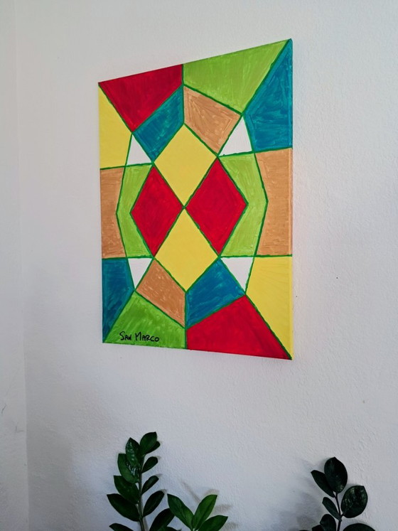 Pittura astratta geometrica, firmata Enzo SAN MARCO, Dipinti e disegni, Tela, Rosso, Abstract (foto 4 di 11)