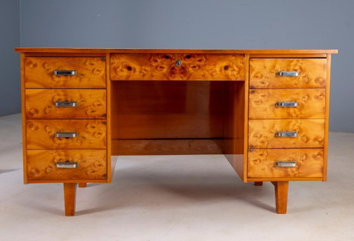 Mid-Century Writing Desk with Burl Veneer and Eight Drawers, Czechoslovakia, 140.5 × 69.5 × 77.5 cm (photo 2 of 15)