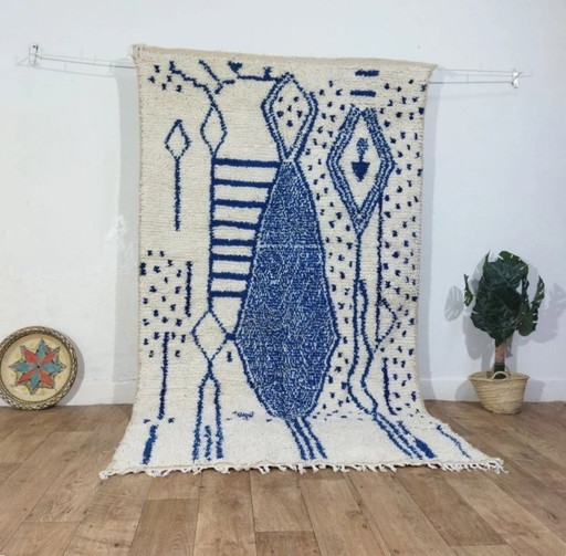 Wol Azilal vloerkleed blauw – handgeweven natuurlijke wol (250×145 cm)