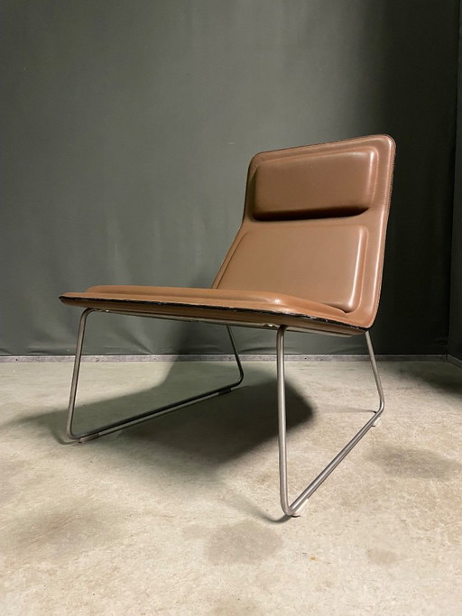 Fauteuil lounge, similicuir marron et métal