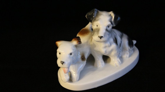Image 1 of Set van twee hondenbeeldjes, terriërs, porselein, ongemerkt, onbeschadigd, vintage