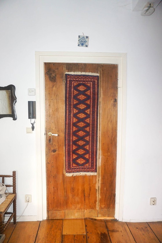 Image 1 of pakistani bokhara runner rug * vintage wool hallway carpet * red blue tribal narrow runner 