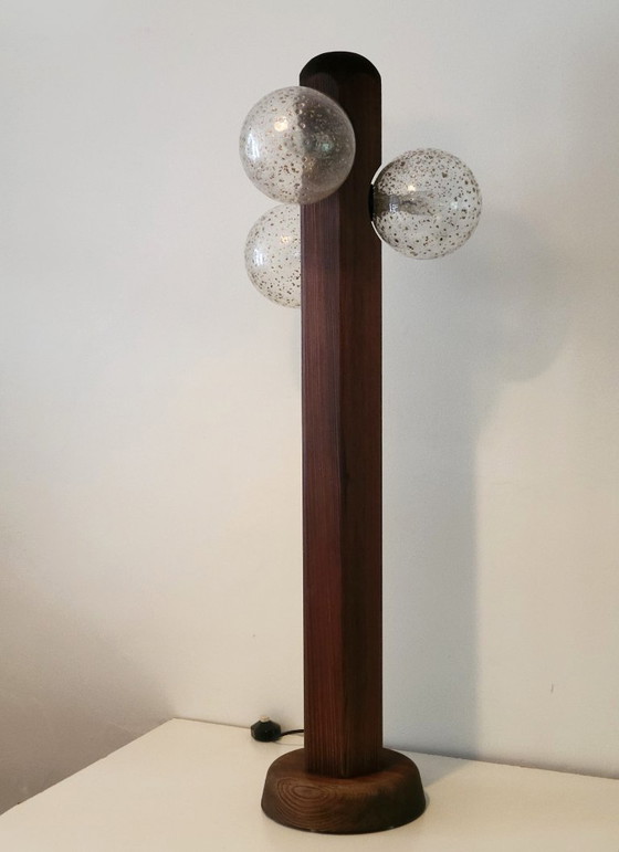 Hustadt Leuchten Brutalist floor lamp with three glass spheres, Table lamps, Wood, Brown, Vintage (photo 3 of 11)