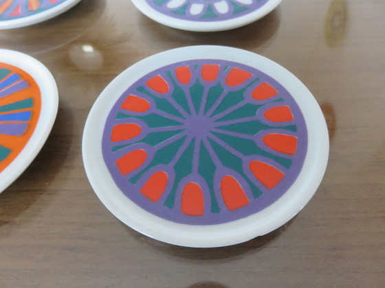 Image 1 of Serie van 6 keramische onderzetters, Pop, Vintage jaren 70, "Waechtersbach Western Germany".