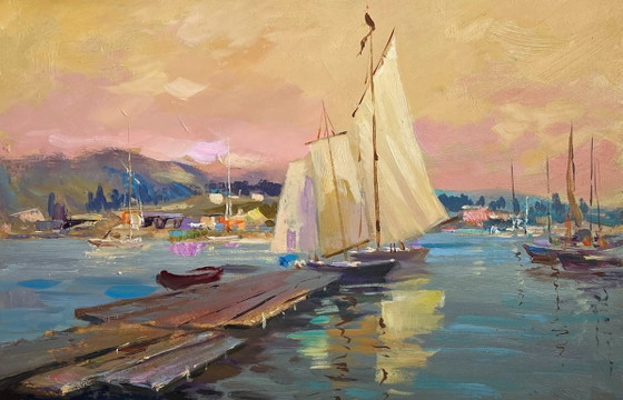 Image 1 of Original Oil Painting Evening Coastal Landscape Scarlet Sunset on the Ferry