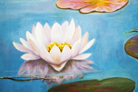 Image 1 of Cuadro de nenúfares pintado al óleo firmado por el autor. Nenúfares al óleo sobre tabla. cuadro gran tamaño. Cuadro mural. 