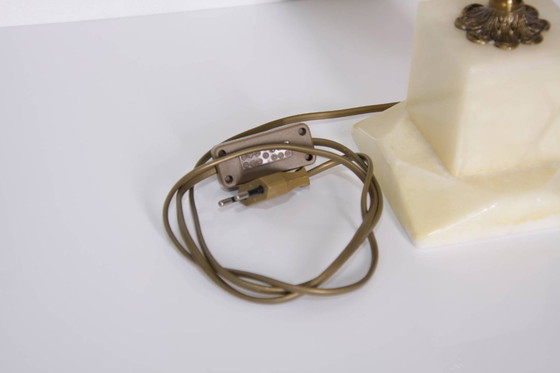 Image 1 of Lampe de table en pierre naturelle, laiton, simili cuir, franges, 67 cm, années 1970, J Vintage