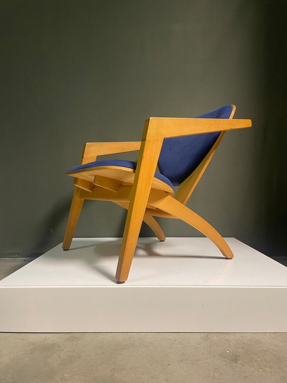 Fauteuil Getama, conçu par Hans J. Wegner, bois et textile bleu, Scandinavian (photo 6 sur 10)