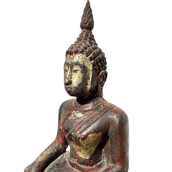 Antique Burmese Buddha - Teak Wood & Gold Leaf - 29cm – Sculpture (photo 10 of 12)