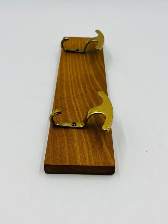 Image 1 of Vintage design wall-mounted coat rack in brass and wood