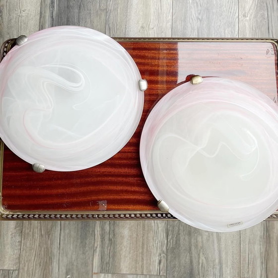 Image 1 of Rare Pair of Authentic Murano Glass Flush Mounts | Italian Art Glass | Soft Pink Swirl Design 