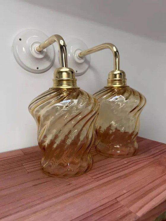 Image 1 of Set Of 2 Vintage Gold Glass Wall Sconces