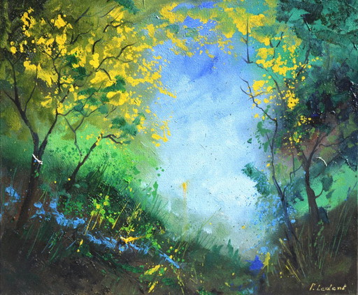 Abstract schilderij Geel en groen boslandschap