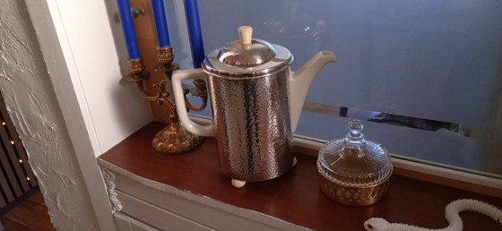 Image 1 of 1.0 l coffee pot WMF thermal jug porcelain Bauscher Weiden hammered metal look silver plated