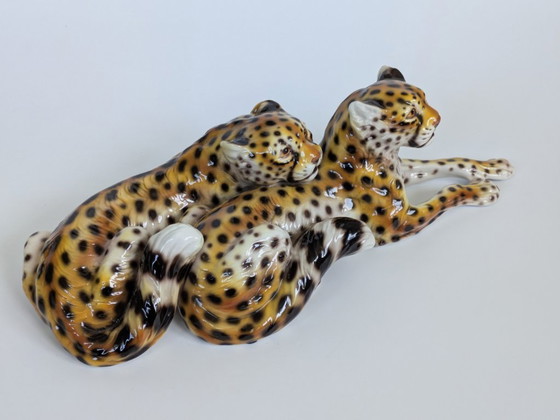 Image 1 of Large Italian Midcentury Porcelain Leopard Pair Sculpture Hollywood Regency Ronzan Style