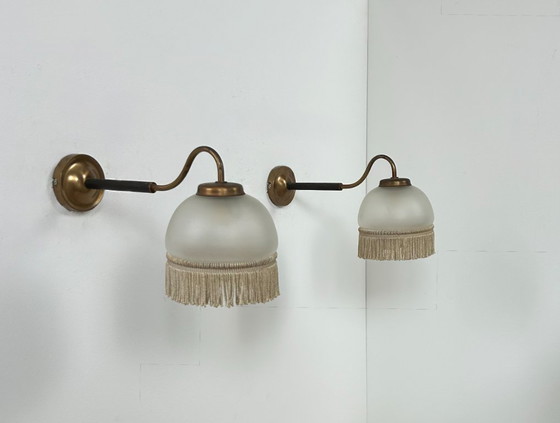 Image 1 of Pair of vintage wall lights, brass and frosted glass, France, 1970