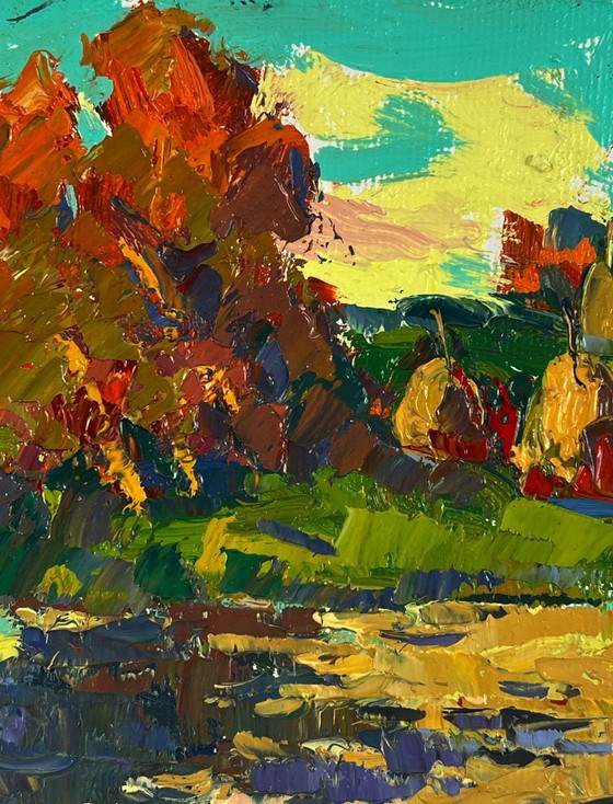 Image 1 of Peinture à l'huile originale représentant un paysage naturel, un bateau et un coucher de soleil se reflétant sur la rivière.