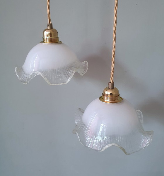 Set di 2 lampade a sospensione vintage in vetro bianco satinato, forma floreale, texture – Metal (photo 10 of 23)