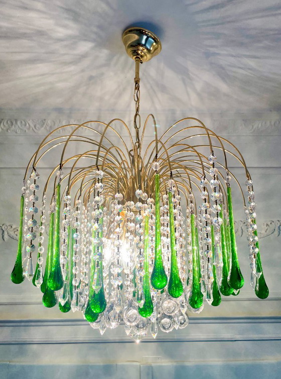 Image 1 of Lustre cascade vintage italien de Murano vert – années 1970