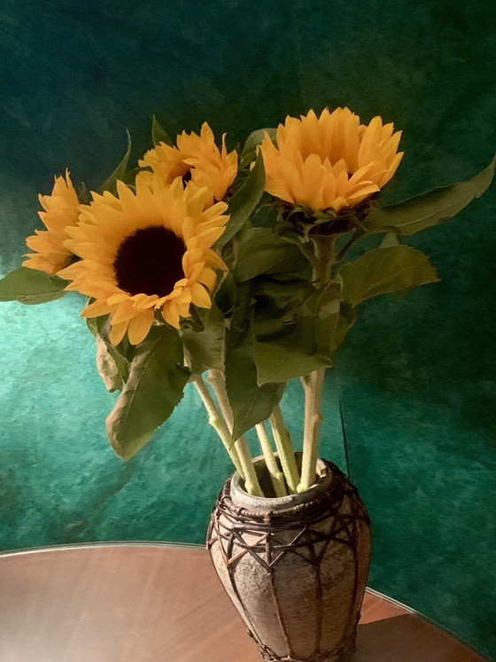 Antique Japanese Stoneware and Braided Bamboo Vase - Wabi-Sabi / Mingei Style, Ceramic, Multi Color (photo 4 of 10)
