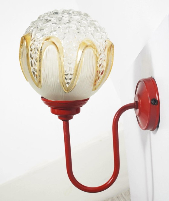 Red Wall Sconce Massive Belgium with Richard Essig Textured Glass Globe, Mid Century Space Age Lighting (photo 2 of 22)