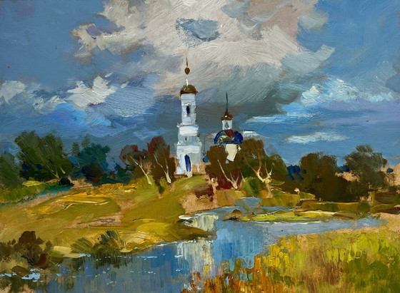 Image 1 of Original Oil Painting Summer Church Landscape Golden domes of the church