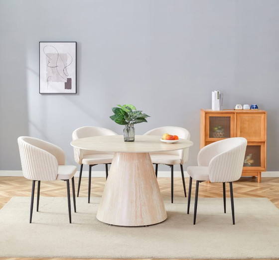 Image 1 of Mesa de comedor ROSALIA de 120 cm en cerámica efecto travertino con patas efecto travertino – Diseño elegante