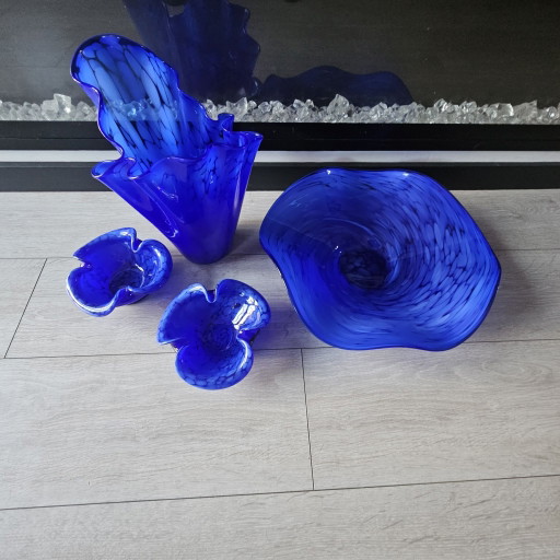 Magnifique ensemble de 4 pièces en verre d'art vintage – Alicja Poland – Bleu cobalt