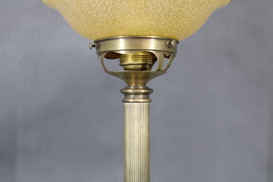 Image 1 of 1940s Restored Brass Table Lamp with Marble Base and Glass Shade