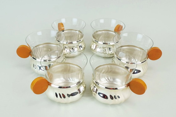 Image 1 of 6 tea glasses in chrome-plated metal holders with bakelite handles, art deco, 1930s 40s