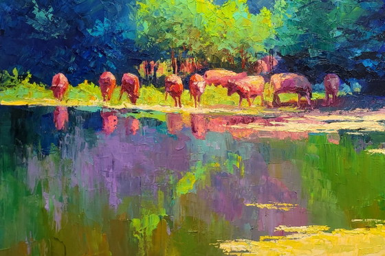 Origineel olieverfschilderij Natuurlandschap Zomerweide Vijver Kudde koeien – Schilderijen & Tekeningen (photo 6 of 7)