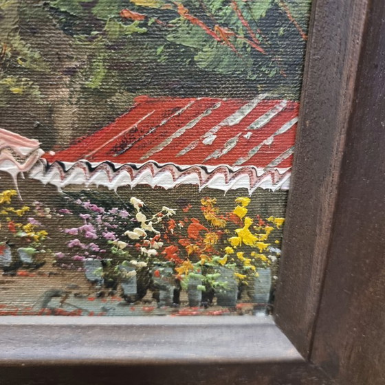 Image 1 of Peinture à l'huile vintage avec le marché aux fleurs de Paris Frederic, 20ème siècle