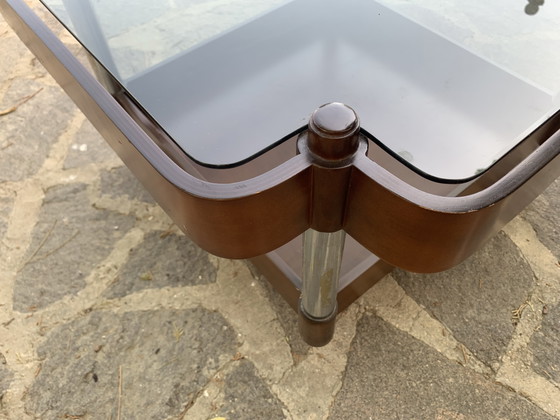 Image 1 of Vintage 1970s Coffee Table - Smoked Glass and Curved Wood with Double Shelf - 66x66x37 cm
