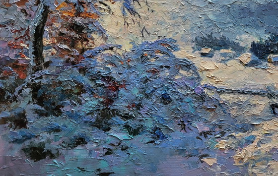 Original Oil Painting Evening Village Landscape In the Winter Mountains – Paintings & Drawings, Canvas (photo 6 of 7)