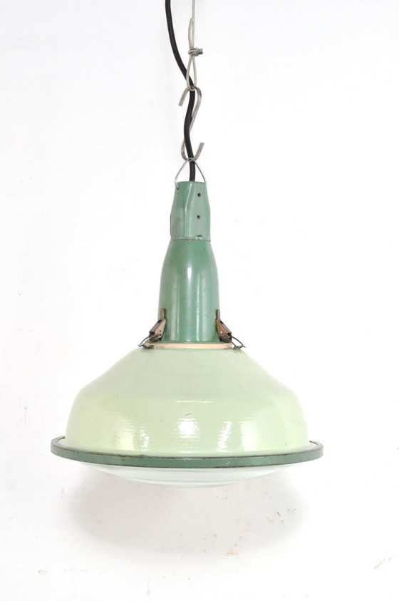 Image 1 of Vintage Enamel Factory Lamp With Spherical Glass