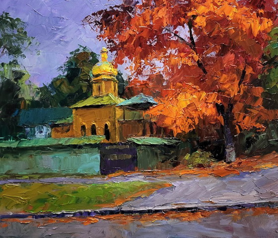 Image 1 of Original Oil Painting Cityscape Autumn Church October in the City