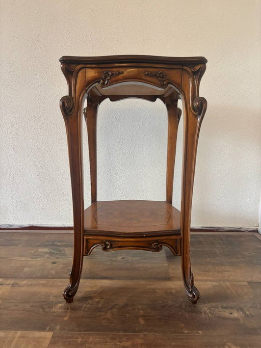 Mesa auxiliar Art Nouveau con cajón 43x43x71.5 cm