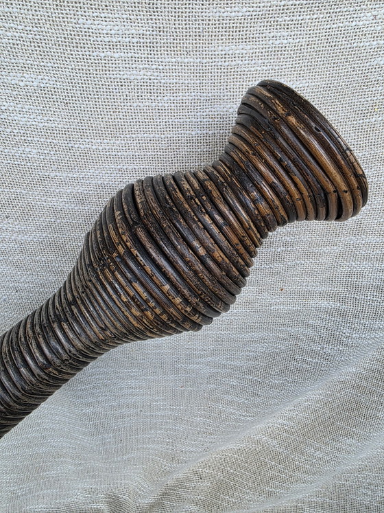 Vintage Handmade Stacked Rattan Pillar Candle Holder – 70s Boho Chic (42 cm) (photo 7 of 10)