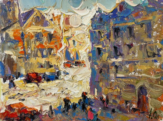 Image 1 of Original Oil Painting Day Street Landscape Twilight Over the City