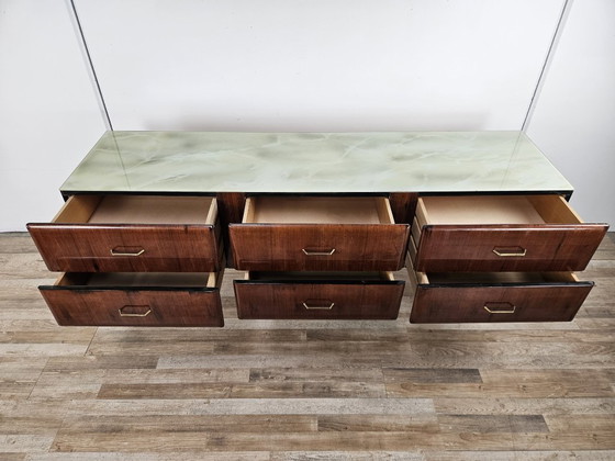 Image 1 of Vintage six-drawer mahogany burl dresser with glass top, 1960