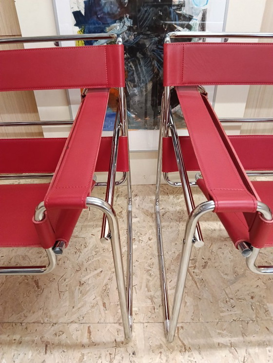 Image 1 of KNOLL Studio Set van 2 WASSILY B3 fauteuils (NIEUW) in rood leer