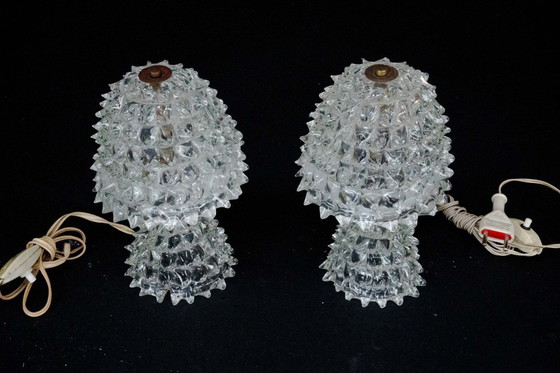 Image 1 of Par de lámparas de mesa italianas de cristal de Murano "Rostrato" de Ercole Barovier, década de 1940